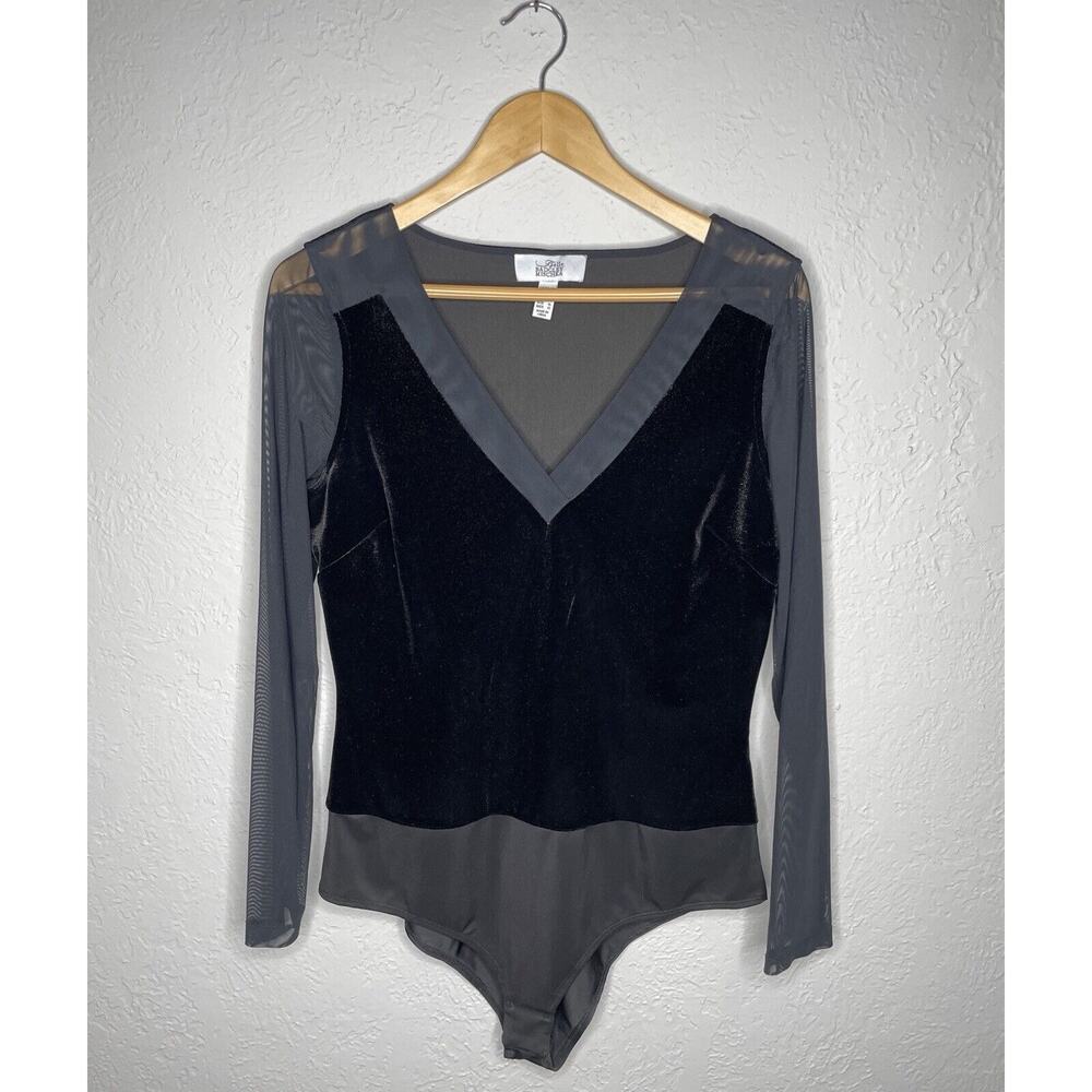 Belle Badgley Mischka Bodysuit Women's Sz 12 (M/L) Black Sparkle Velveteen Mesh